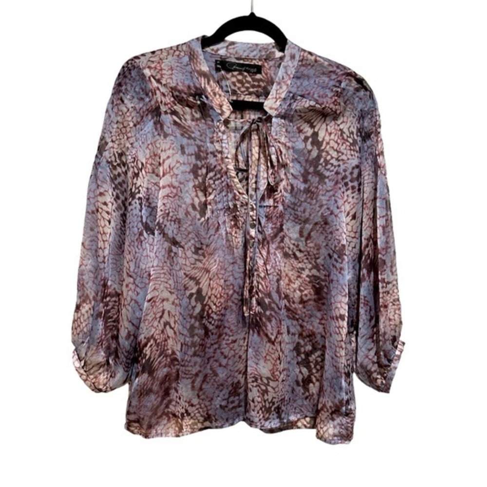 PATTERSON J. KINCAID PURPLE PYTHON PRINT SHEER LONG puff SLEEVE BLOUSE M